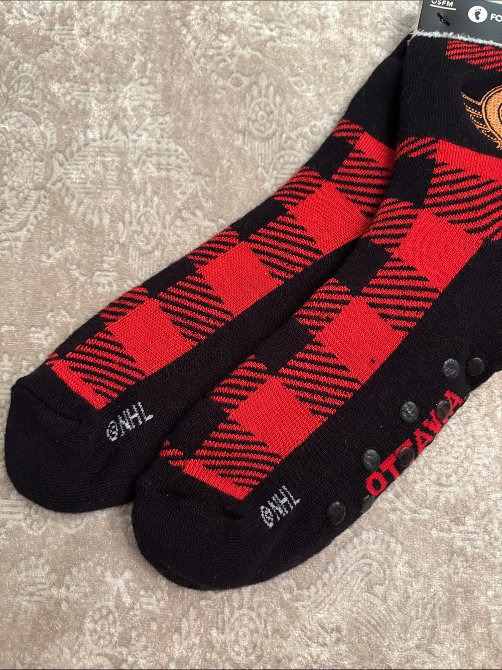 Brand New For Bare Feet Ottawa Senators NHL Grip Socks Black & Red Buffalo Plaid